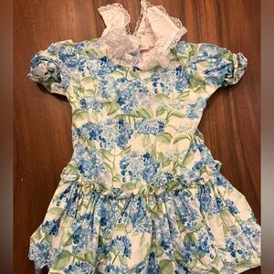 Kids Hill House Blue and Green Floral Dress with Lace Detail